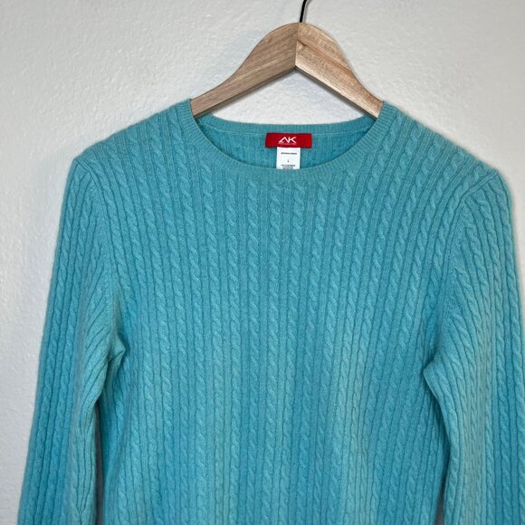 Anne Klein Sport Vintage Womens Cable Knit Cashmere Sweater Turquoise Blue Large - Picture 2 of 11